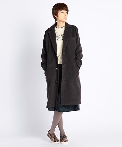 DOUBLE NAME(ダブルネーム)の「ロング丈チェスターコート(ジャケット/アウター・レディース・ブラック/グリーン/チャコールグレー/キナリ/杢グレー・FREE)」の2枚目の写真