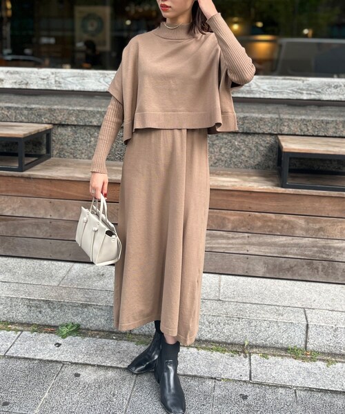 Chez toi（シェトワ）の「ケーププルオーバー×リブワンピースニットアップ（ワンピース/ドレス・レディース・アイボリー/グレー/モカ/ブラック・F）」の2枚目の写真