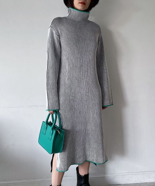 PAGEBOY（ページボーイ）の「ストライプリブニットワンピース（ワンピース/ドレス・レディース・モノトーン09/ベージュ系55/ターコイズ系79・F）」の4枚目の写真