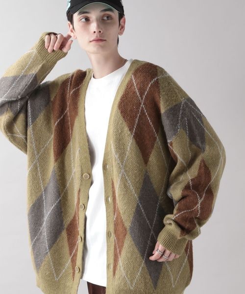 モヘア アーガイル ダイアモンド シャギー ニット カーディガン グランジ RAGEBLUE（レイジブルー）の「アーガイル柄/モヘヤシャギーニット