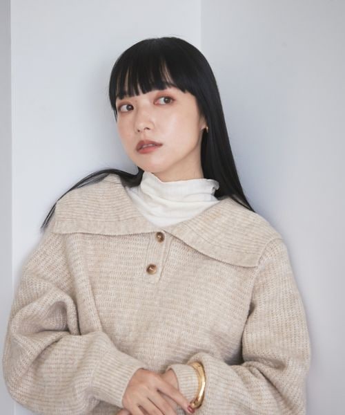 LOWRYS FARM（ローリーズファーム）の「ビッグカラーショートニットロングスリーブ（トップス・レディース・アイボリー08/ブラック09/オレンジ45/グリーン75・フリーサイズ）」の9枚目の写真