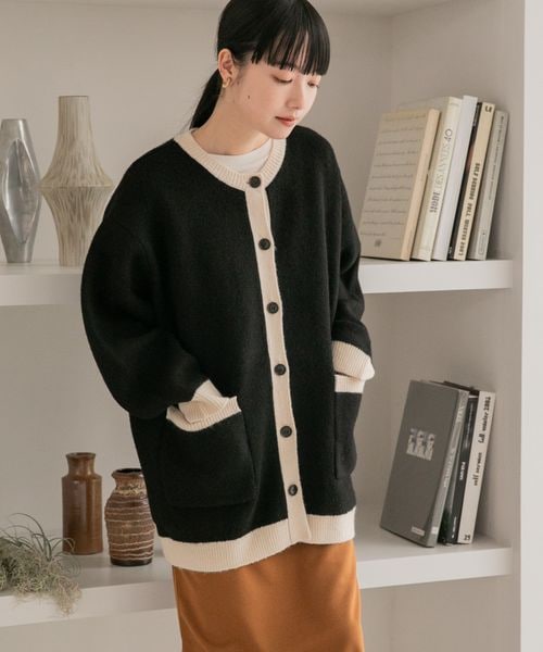 LOWRYS FARM（ローリーズファーム）の「モチモチシャギークルーカーディガン（トップス・レディース・アイボリー08/ブラック×オフ10/オレンジ45/ベージュ×ブラウン50/ブルー85/パープル92・ショート丈M/ロング丈L）」の2枚目の写真