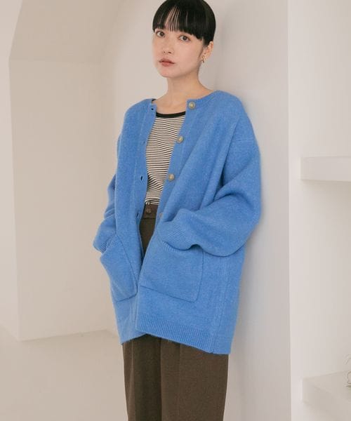 LOWRYS FARM（ローリーズファーム）の「モチモチシャギークルーカーディガン（トップス・レディース・アイボリー08/ブラック×オフ10/オレンジ45/ベージュ×ブラウン50/ブルー85/パープル92・ショート丈M/ロング丈L）」の5枚目の写真