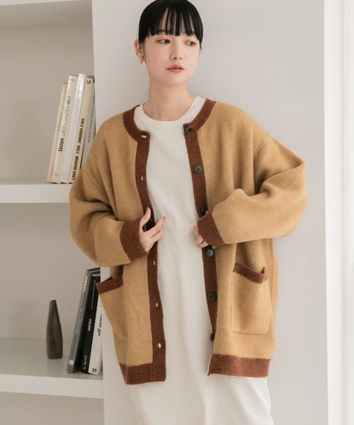 LOWRYS FARM（ローリーズファーム）の「モチモチシャギークルーカーディガン（トップス・レディース・アイボリー08/ブラック×オフ10/オレンジ45/ベージュ×ブラウン50/ブルー85/パープル92・ショート丈M/ロング丈L）」の4枚目の写真