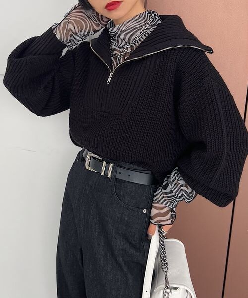 PAGEBOY（ページボーイ）の「ハーフZIPミドルニット（トップス・レディース・ホワイト×ブラック01/ブラック09/バター62/MIXブルー89・F）」の2枚目の写真