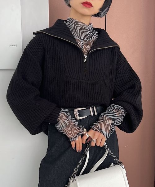 PAGEBOY（ページボーイ）の「ハーフZIPミドルニット（トップス・レディース・ホワイト×ブラック01/ブラック09/バター62/MIXブルー89・F）」の10枚目の写真