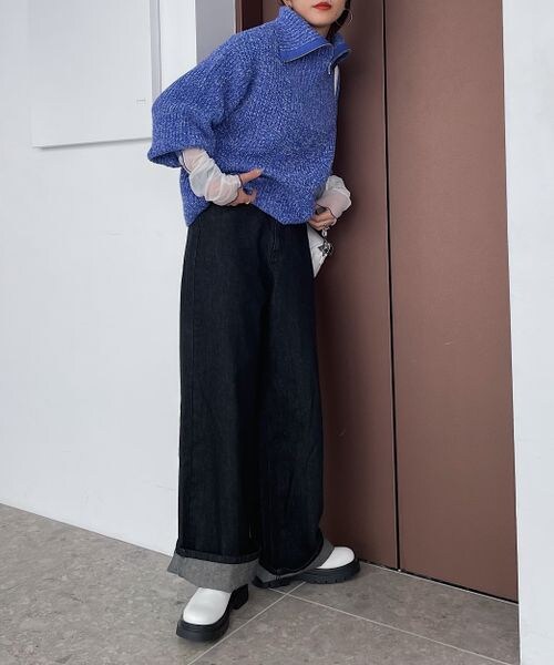 PAGEBOY（ページボーイ）の「ハーフZIPミドルニット（トップス・レディース・ホワイト×ブラック01/ブラック09/バター62/MIXブルー89・F）」の22枚目の写真