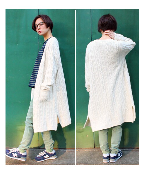 Factor=（ファクターイコール）の「ケーブル柄ロングニットカーディガン（ジャケット/アウター・レディース・アイボリー/グレー・one size）」の5枚目の写真