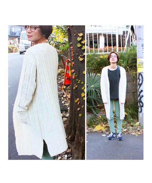 Factor=（ファクターイコール）の「ケーブル柄ロングニットカーディガン（ジャケット/アウター・レディース・アイボリー/グレー・one size）」の4枚目の写真