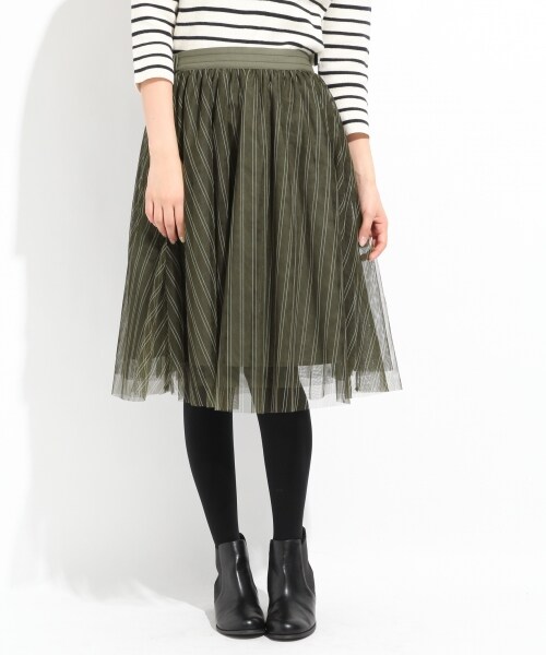LOWRYS FARM（ローリーズファーム）の「ストライププリントチュールスカート（スカート・レディース・オフ/ブラック/カーキ・Ｆ）」の3枚目の写真