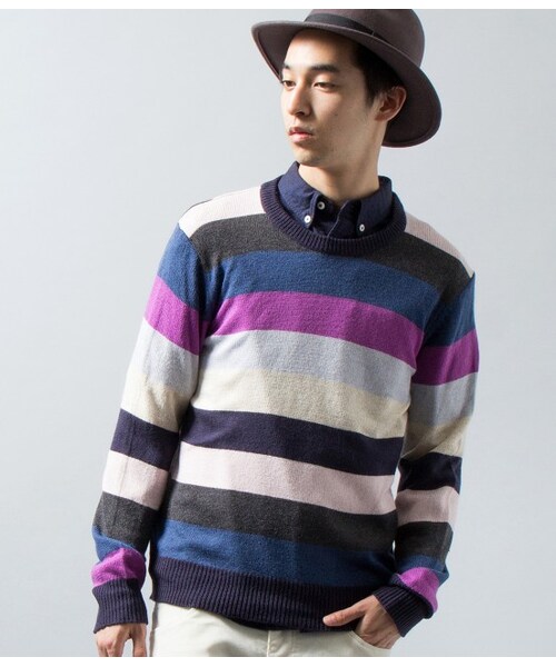 JUNRED（ジュンレッド）の「マルチボーダークルーネックニット（ニット・メンズ・ライトグレー/ネイビー系・0/1/2）」の3枚目の写真