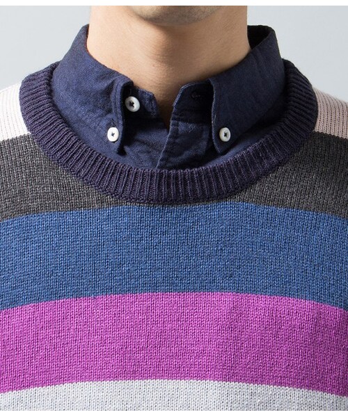 JUNRED（ジュンレッド）の「マルチボーダークルーネックニット（ニット・メンズ・ライトグレー/ネイビー系・0/1/2）」の6枚目の写真