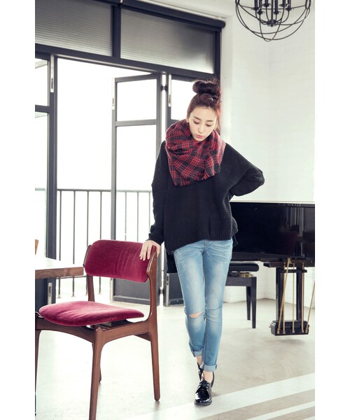 ORENDA（オレンダ）の「百搭開衩暖暖粗針毛衣（トップス・レディース・米白/黑・F）」の12枚目の写真