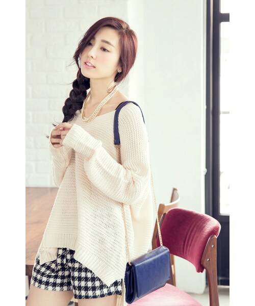 ORENDA（オレンダ）の「百搭開衩暖暖粗針毛衣（トップス・レディース・米白/黑・F）」の6枚目の写真