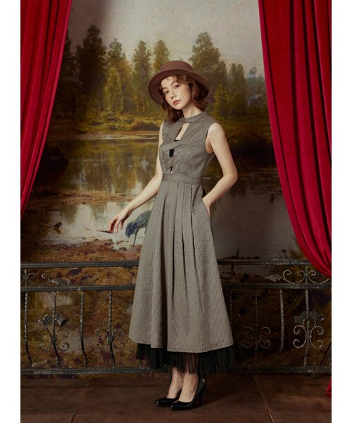 Marjorie（マージョリー）の「藝術囚禁犯，雙交叉鏤空拼紗千鳥格無袖洋裝（ワンピース/ドレス・レディース・咖啡・XS/S/M）」の5枚目の写真