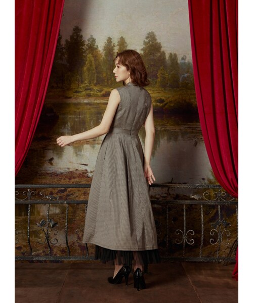 Marjorie（マージョリー）の「藝術囚禁犯，雙交叉鏤空拼紗千鳥格無袖洋裝（ワンピース/ドレス・レディース・咖啡・XS/S/M）」の6枚目の写真