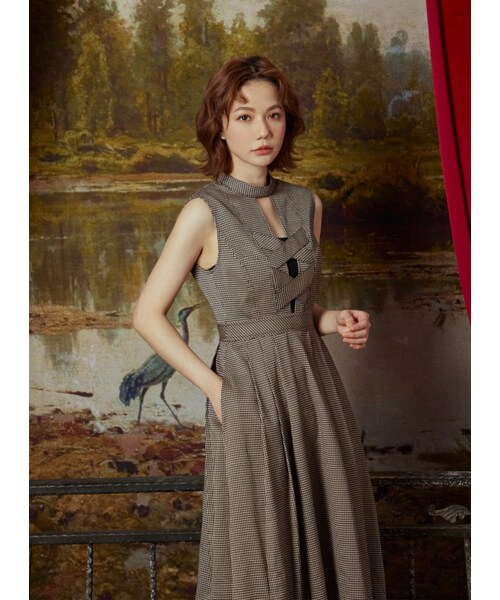 Marjorie（マージョリー）の「藝術囚禁犯，雙交叉鏤空拼紗千鳥格無袖洋裝（ワンピース/ドレス・レディース・咖啡・XS/S/M）」の3枚目の写真