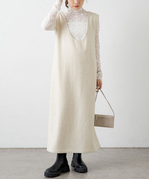 PUAL CE CIN(ピュアルセシン)の「ウール混フラノジャンパースカート(ワンピース・レディース・ライトベージュ/チェック/チャコールグレー・FREE)」の1枚目の写真