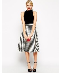 asos | ASOS Midi Skirt in Bonded Satin Stripe - Ecru/black(スカート)