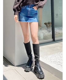 GYDA | 【セットアップ着用可】ウエストリブデザイン スカートライクデニムショートパンツ(デニムスカート)