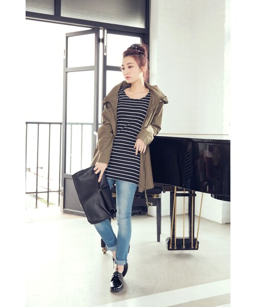 ORENDA（オレンダ）の「MIT舒棉細條好搭圓領長版T（トップス・レディース・黑白條/灰白條・XL/F）」の9枚目の写真