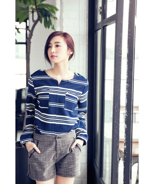 ORENDA（オレンダ）の「粗細條紋雙口袋簡約上衣（トップス・レディース・藍・F）」の8枚目の写真