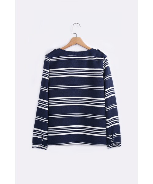 ORENDA（オレンダ）の「粗細條紋雙口袋簡約上衣（トップス・レディース・藍・F）」の2枚目の写真