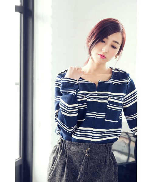 ORENDA（オレンダ）の「粗細條紋雙口袋簡約上衣（トップス・レディース・藍・F）」の5枚目の写真