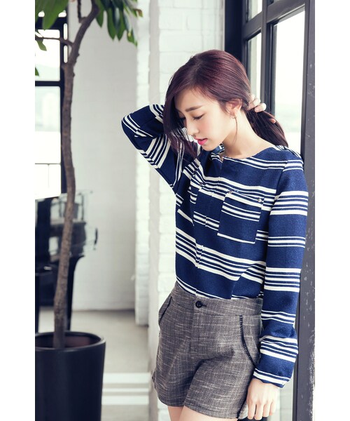 ORENDA（オレンダ）の「粗細條紋雙口袋簡約上衣（トップス・レディース・藍・F）」の7枚目の写真