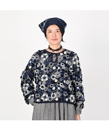 極美品 45R 手編みかぎ針フラワーのTシャツ インディゴ 定価25万 45R（フォーティファイブアール）の「手編みかぎ針フラワーのTシャツ