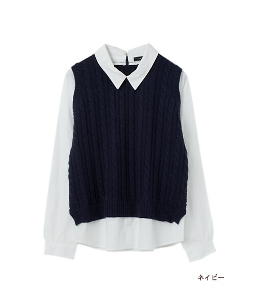 w closet（ダブルクローゼット）の「フェイクレイヤーケーブル編みニットベスト（トップス・レディース・アイボリー/ネイビー・FREE）」の3枚目の写真