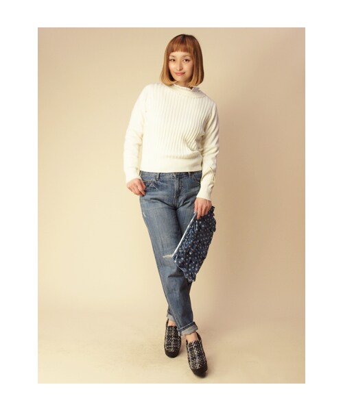 w closet(ダブルクローゼット)の「ワイドリブパール付きプルオーバー(トップス・レディース・オフホワイト/グレー/スモークピンク/ネイビー/オフホワイト×ブラック・FREE)」の15枚目の写真