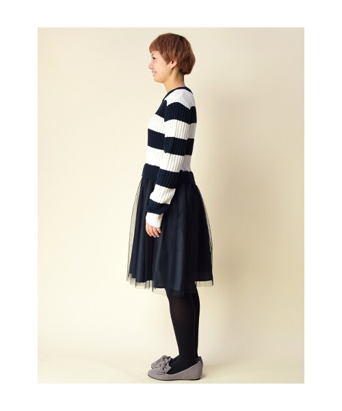 w closet（ダブルクローゼット）の「ボーダーニット×チュールドッキングワンピース（ワンピース/ドレス・レディース・オフホワイト×ネイビー/カーキ×ブラック・FREE）」の4枚目の写真