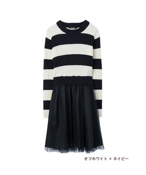 w closet（ダブルクローゼット）の「ボーダーニット×チュールドッキングワンピース（ワンピース/ドレス・レディース・オフホワイト×ネイビー/カーキ×ブラック・FREE）」の2枚目の写真
