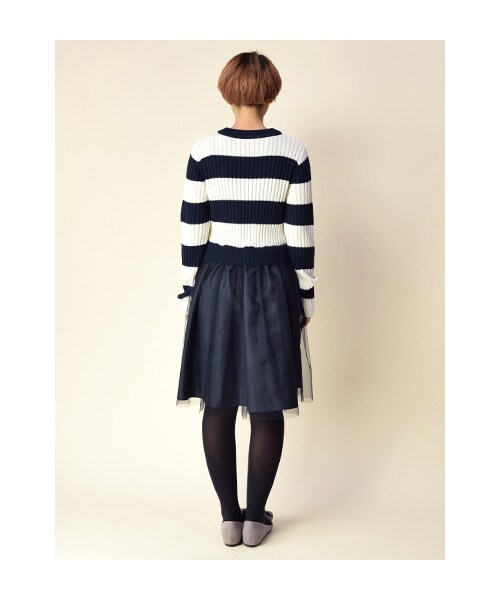 w closet（ダブルクローゼット）の「ボーダーニット×チュールドッキングワンピース（ワンピース/ドレス・レディース・オフホワイト×ネイビー/カーキ×ブラック・FREE）」の5枚目の写真