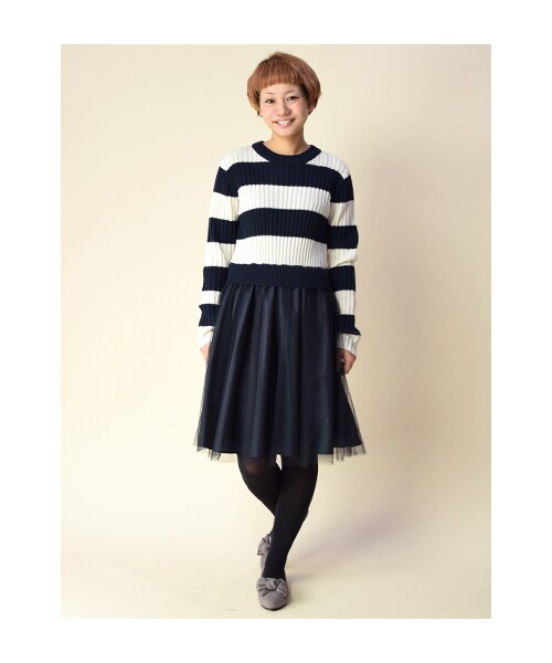 w closet（ダブルクローゼット）の「ボーダーニット×チュールドッキングワンピース（ワンピース/ドレス・レディース・オフホワイト×ネイビー/カーキ×ブラック・FREE）」の11枚目の写真