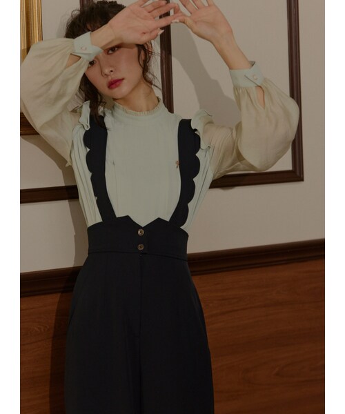 Marjorie（マージョリー）の「和平之丘，花瓣造型修身腰封吊帶褲（パンツ・レディース・卡其/深藍・XS/S/M）」の15枚目の写真