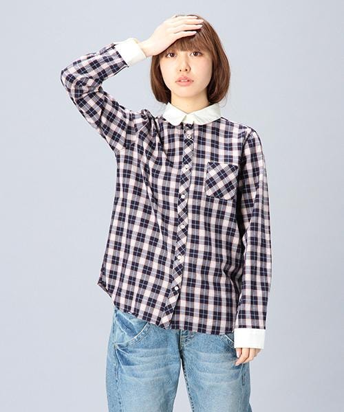 DOUBLE NAME（ダブルネーム）の「【木村ミサちゃん着用】チェック柄クレリックシャツ（トップス・レディース・オフシロ/柄A/柄B・FREE）」の3枚目の写真