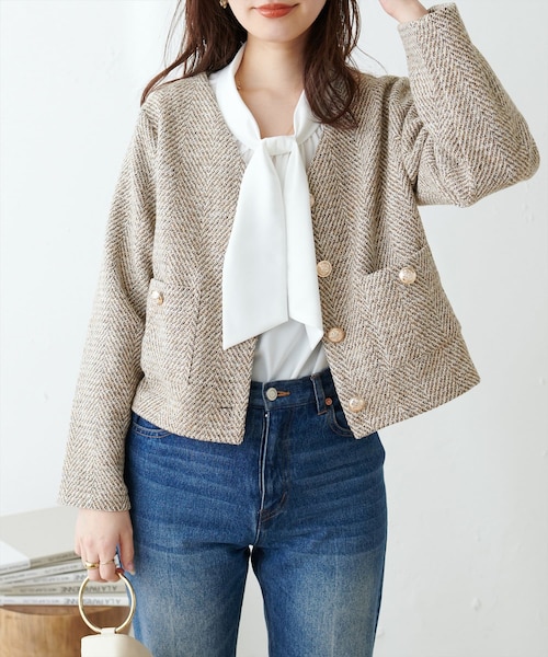 金釦ショート丈ジャケット Mila Owen パイル編みショート丈金釦ニット