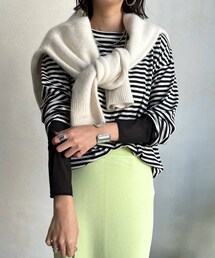 DouDou | 袖シアー切替ボーダーTEE(Tシャツ/カットソー)