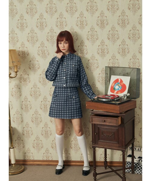 Marjorie（マージョリー）の「女團開場，菱格撞色車線A字短裙（スカート・レディース・牛仔藍・XS/S）」の4枚目の写真