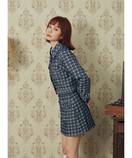 Marjorie（マージョリー）の「女團開場，菱格撞色車線A字短裙（スカート・レディース・牛仔藍・XS/S）」の3枚目の写真