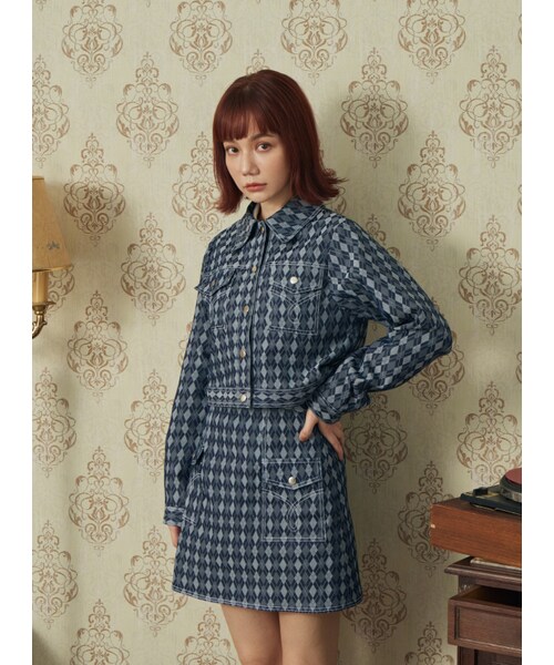 Marjorie（マージョリー）の「女團開場，菱格撞色車線A字短裙（スカート・レディース・牛仔藍・XS/S）」の5枚目の写真