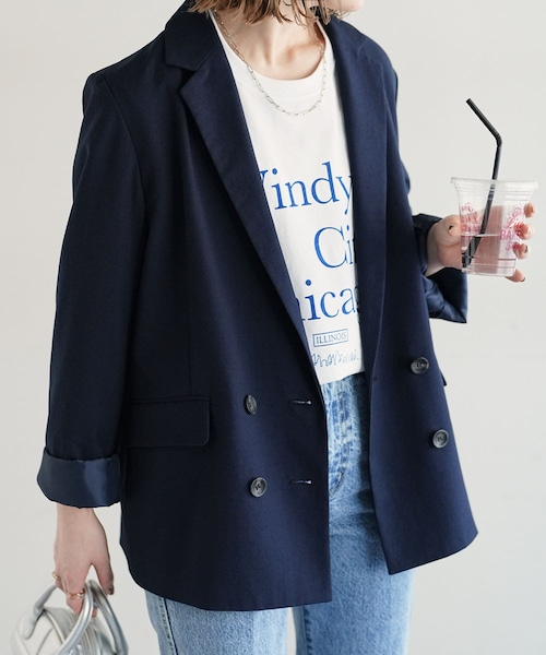 DISCOAT(ディスコート)の「【SS先行予約アイテム】Wブレストテーラードジャケット(テーラードジャケット・レディース・ミント/ネイビー・M/L)」の2枚目の写真