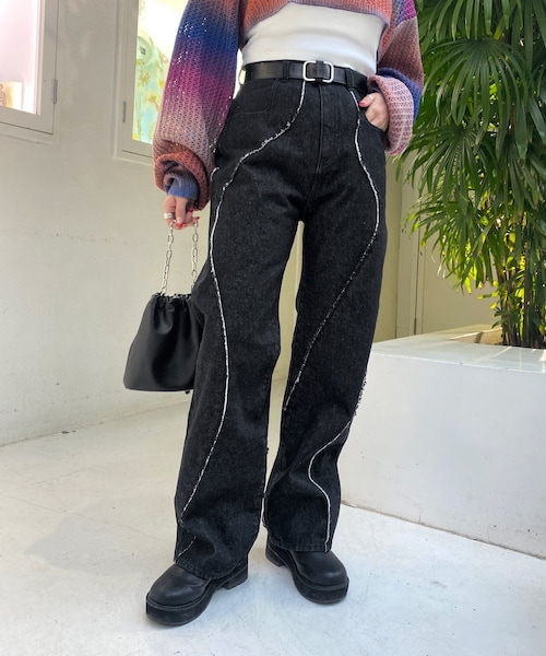 WHO'S WHO gallery（フーズフーギャラリー）の「ウェーブデザインデニム（デニムパンツ・レディース・サックスブルー/ネイビー/ブラック・F）」の2枚目の写真