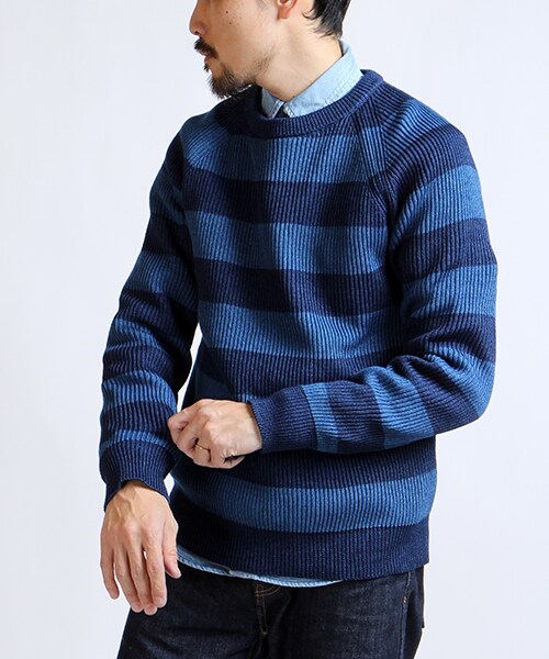 FREAK'S STORE（フリークスストア）の「【15SS新作】 -MADE IN JAPAN- インディゴ畔編クルーネックニット（その他・メンズ・サックスブルー/ネイビー/ボーダー/ストライプ・M/L）」の3枚目の写真