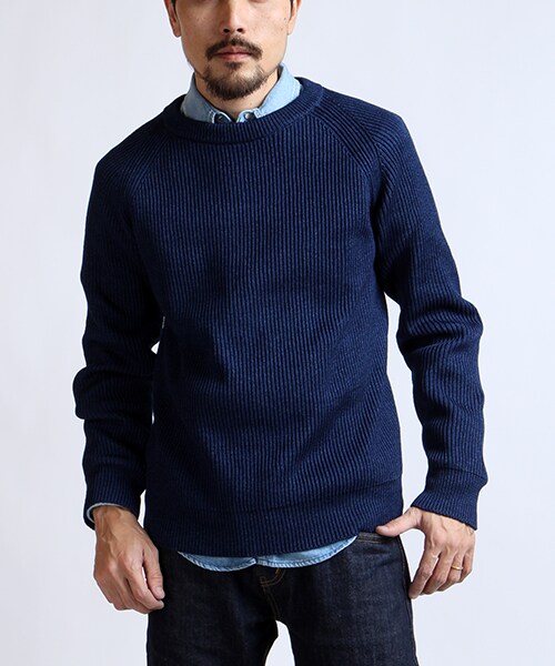 FREAK'S STORE（フリークスストア）の「【15SS新作】 -MADE IN JAPAN- インディゴ畔編クルーネックニット（その他・メンズ・サックスブルー/ネイビー/ボーダー/ストライプ・M/L）」の2枚目の写真