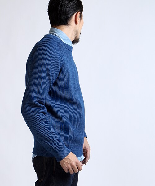 FREAK'S STORE（フリークスストア）の「【15SS新作】 -MADE IN JAPAN- インディゴ畔編クルーネックニット（その他・メンズ・サックスブルー/ネイビー/ボーダー/ストライプ・M/L）」の4枚目の写真