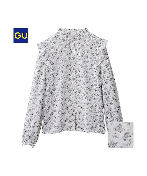 GU（ジーユー）の「（GU）フラワープリントシャツ（長袖）（WOMEN ⁄ シャツ・ブラウス・レディース・BLACK/OFF WHITE・M/S/L）」の2枚目の写真