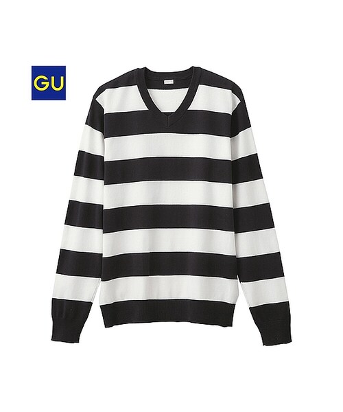 GU（ジーユー）の「（GU）コットンナイロンＶネックセーター（ボーダー・長袖)（MEN ⁄ ニット・メンズ・GRAY/BLACK/NAVY・S/M/L/XL）」の2枚目の写真